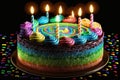 appetizing multi-colored confection with candles for festive birthday party