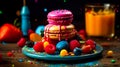 Appetizing multi-colored french macarons close-up, generative AI.