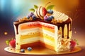 appetizing multi-layer birthday cake on table in spreading cream with decorations