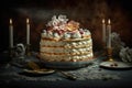 appetizing multi-layer birthday cake on table in spreading cream with decorations