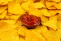 Appetizing nachos chips on a white plate and a spicy sauce close-up. Royalty Free Stock Photo