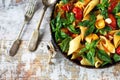 One pan pasta with basil. Vegan pasta. Selective focus. Macro.