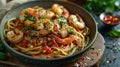 appetizing pasta spaghetti with tomato sauce and shrimps