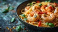 appetizing pasta spaghetti with tomato sauce and shrimps