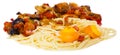 Appetizing pasta with vegetables grilled meat and two baked egg Royalty Free Stock Photo