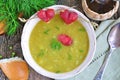 Appetizing pea soup with bacon and sausage Royalty Free Stock Photo