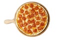 Appetizing pepperoni pizza on a wooden board. Top view. Isolated over white background Royalty Free Stock Photo
