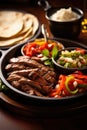 An appetizing photo of a sizzling plate of fajitas, served with warm tortillas, fresh pico de gallo