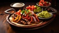 An appetizing photo of a sizzling plate of fajitas, served with warm tortillas, fresh pico de gallo