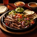 An appetizing photo of a sizzling plate of fajitas, served with warm tortillas, fresh pico de gallo
