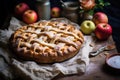 An appetizing pie, with a delightful golden crust and a tantalizing aroma, is placed on a sturdy wooden table., A rustic homemade