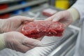 appetizing piece of fresh meat, beef grown in a laboratory close-up. Scientist biologist demonstrates artificial meat