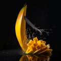 Appetizing pieces of yellow sweet mango in the air on black background, beautiful creative food background for advertising fruits