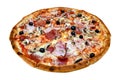 Appetizing pizza with shred, mushrooms, salami, cheese, olives