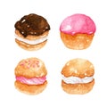 Appetizing profiteroles with vanilla custard, chocolate glaze and strawberry cream and sprinkles