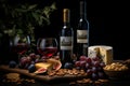 Appetizing prosciutto, cheese, and fig snacks for wine pairing on elegant black background Royalty Free Stock Photo