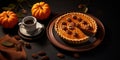 Appetizing pumpkin pie. Pie close-up. The theme of cooking and autumn. Generative AI