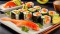 Appetizing rolls Japanese style sushi sauce healthy closeup restaurant food cuisine seaweed