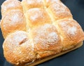 Appetizing ruddy buns with sesame seeds on a baking sheet, homemade pastries. Freshly baked wheat buns with sesame seeds