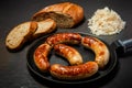 appetizing ruddy meat wieners fried in large frying pan