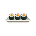 Appetizing salmon rolls. Hosomaki sushi. Traditional Japanese food. Delicious Asian dish. Flat element for cafe or Royalty Free Stock Photo