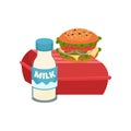 Appetizing sandwich on closed red container and bottle of fresh milk. Food and drink for lunch. Flat vector design Royalty Free Stock Photo