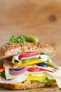 Appetizing sandwich with cured meat, cheese and vegetables on wooden background Royalty Free Stock Photo