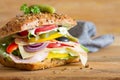 Appetizing sandwich with cured meat, cheese and vegetables on wooden background Royalty Free Stock Photo