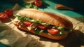 appetizing sandwich with grilled chicken, fresh lettuce and tomatoes served on baking paper