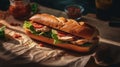 appetizing sandwich with grilled chicken, fresh lettuce and tomatoes served on baking paper