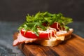Appetizing sandwich with ham or balyk, arugula, cheese, tomatoes and mayonnaise on a cutting board side view Royalty Free Stock Photo