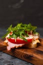 Appetizing sandwich with ham or balyk, arugula, cheese, tomatoes and mayonnaise on a cutting board side view Royalty Free Stock Photo