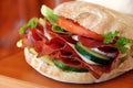 Appetizing sandwich with ham and vegetables