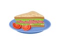 Appetizing sandwich and two slices of fresh tomato on blue plate. Tasty food for breakfast. Flat vector design