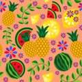 Appetizing seamless fruit pattern of pineapples, watermelons, lemons, twigs and flowers on a warm pink background.