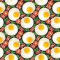 Seamless pattern with fried eggs, delicious bacon and tomato