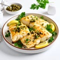 Seared cod fillets drizzled with capers and parsley on a plate on white background Royalty Free Stock Photo