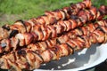 Appetizing shashlik on skewers on plate. Cooked pork meat. Barbecue lunch Royalty Free Stock Photo