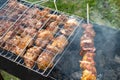 Appetizing shish kebab is fried on a skewers outdoor Royalty Free Stock Photo