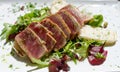Appetizing slightly roasted tuna with salad