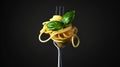 Appetizing spaghetti rolled on fork with basil. Delicious pasta restaurant concept. Black background. Generative AI Royalty Free Stock Photo