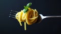 Appetizing spaghetti rolled on fork with basil. Delicious pasta restaurant concept. Black background. Generative AI Royalty Free Stock Photo