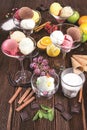 Appetizing still life with soft assorted ice cream. Close-up. Restaurant serving concept