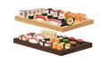 Appetizing Sushi and Maki as Delicious Oriental Food on Wooden Tray Vector Set