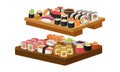 Appetizing Sushi and Maki as Delicious Oriental Food on Wooden Tray Vector Set Royalty Free Stock Photo