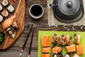 Appetizing sushi set in classic serving, top view