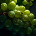 Appetizing sweet bunch of green grapes with large drops of water on black close-up, spectacular food background, Royalty Free Stock Photo