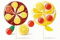 appetizing sweet cherry and lemon handmade lollipops on white background