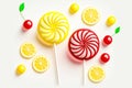 appetizing sweet cherry and lemon handmade lollipops on white background