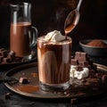 Appetizing sweet hot chocolate with cream in a glass, tasty treat, confectionery product, close-up on black,